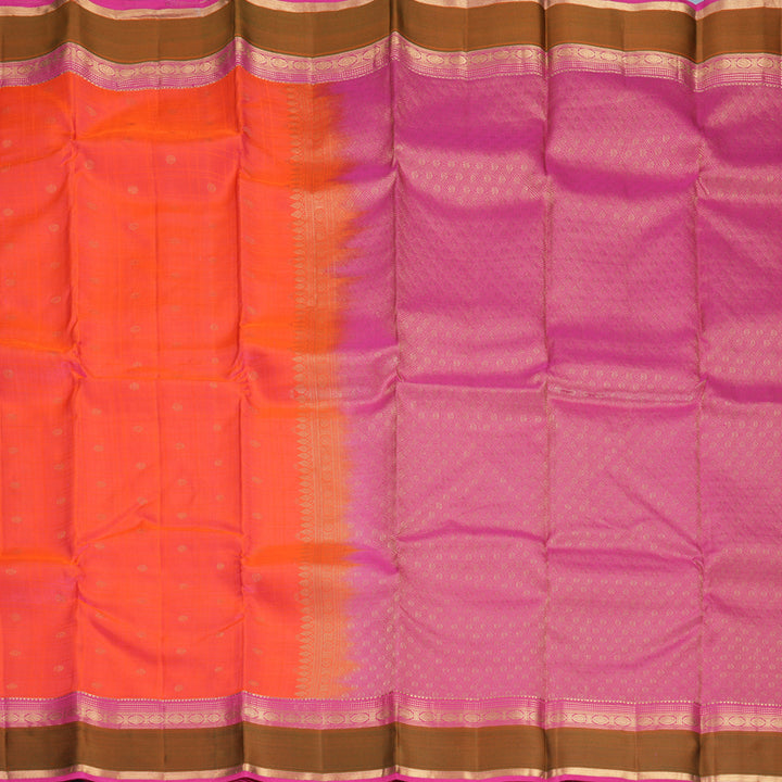 Hayagrivas Handloom Bright Orangish-Pink Kanjivaram Silk Saree with Mehandi Green Border KBF977I25-5