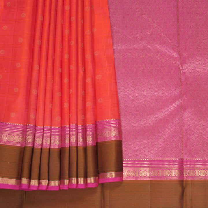 Hayagrivas Handloom Bright Orangish-Pink Kanjivaram Silk Saree with Mehandi Green Border KBF977I25-5