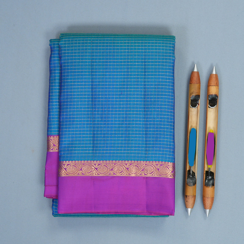 Hayagrivas Handloom Blue-Green Kanjivaram Silk Saree with Purple Border KBF977I9-14