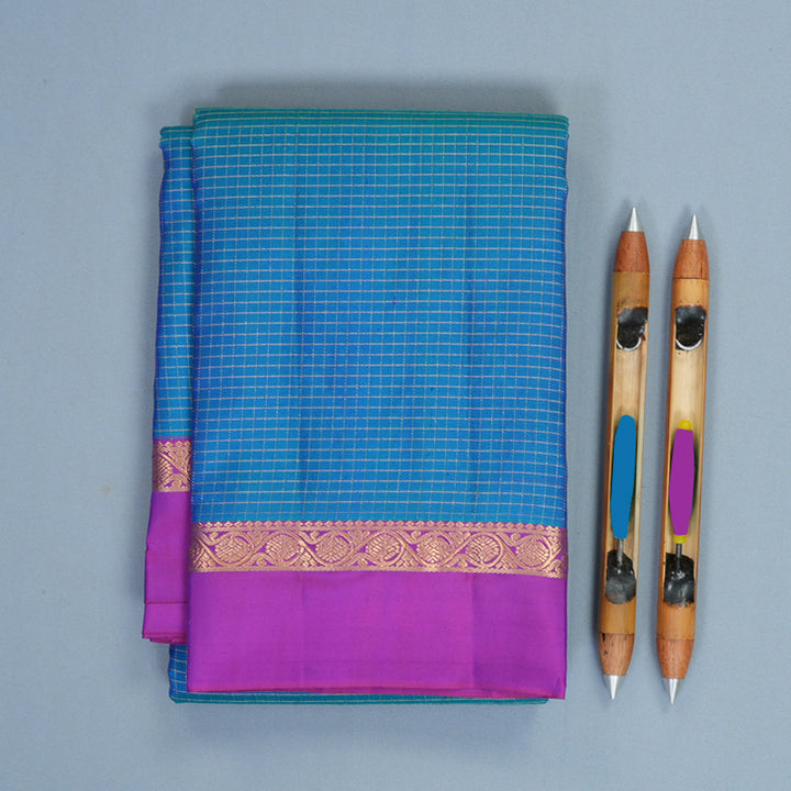 Hayagrivas Handloom Blue-Green Kanjivaram Silk Saree with Purple Border KBF977I9-14