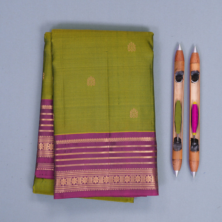 Hayagrivas Handloom Olive Green Kanjivaram Silk Saree with Purple Border KBF978I2-44
