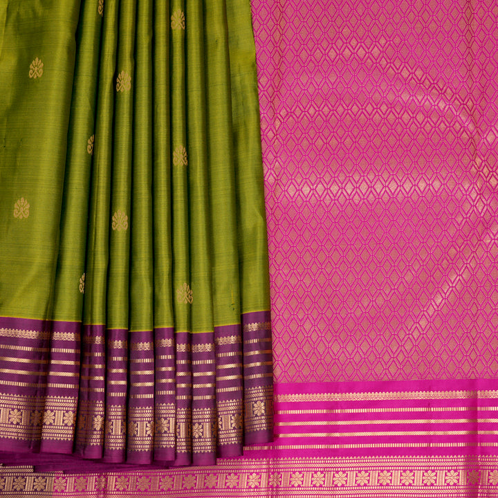 Hayagrivas Handloom Olive Green Kanjivaram Silk Saree with Purple Border KBF978I2-44