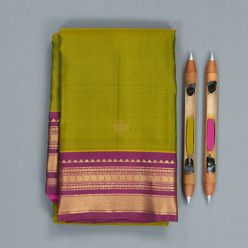 Hayagrivas Handloom Olive Green Kanjivaram Silk Saree with Purple Border KBF978I2-57