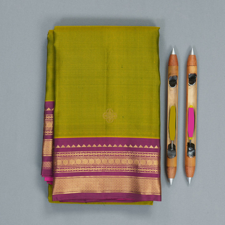 Hayagrivas Handloom Olive Green Kanjivaram Silk Saree with Purple Border KBF978I2-57