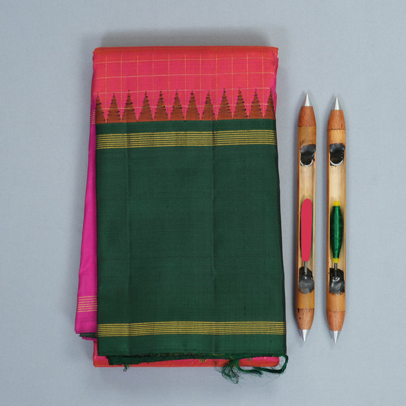 Hayagrivas Handloom Orangish-Pink Kanjivaram Silk Saree with Ganga Jamuna Border KBF979I3-1