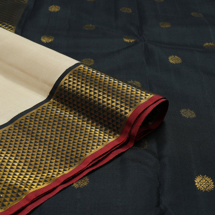 Hayagrivas Handloom Beige Kanjivaram Silk Saree with Black Border KBF97D2-1