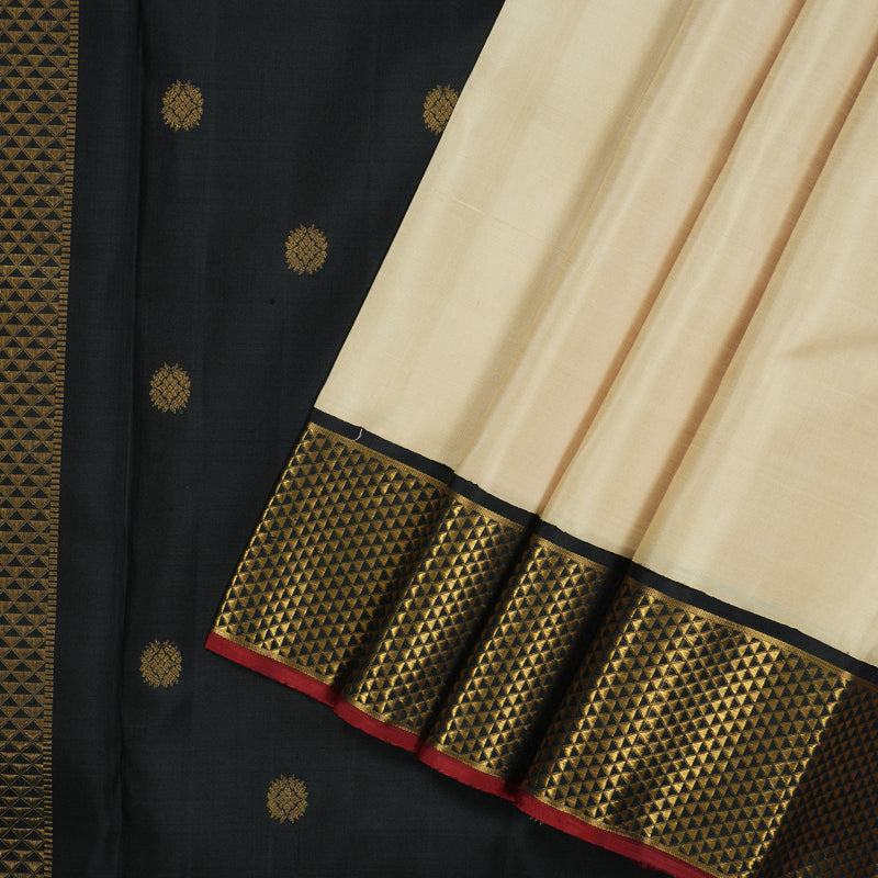 Hayagrivas Handloom Beige Kanjivaram Silk Saree with Black Border KBF97D2-1