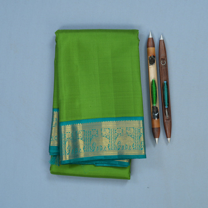 Hayagrivas Handloom Parrot Green Kanjivaram Silk Saree with Teal Border KBF97D3-1