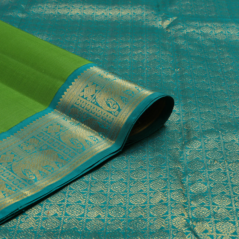 Hayagrivas Handloom Parrot Green Kanjivaram Silk Saree with Teal Border KBF97D3-1