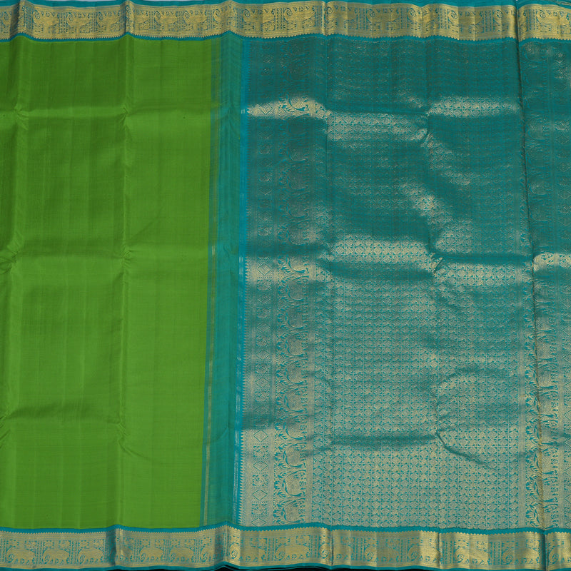 Hayagrivas Handloom Parrot Green Kanjivaram Silk Saree with Teal Border KBF97D3-1