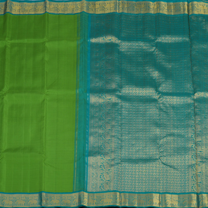 Hayagrivas Handloom Parrot Green Kanjivaram Silk Saree with Teal Border KBF97D3-1