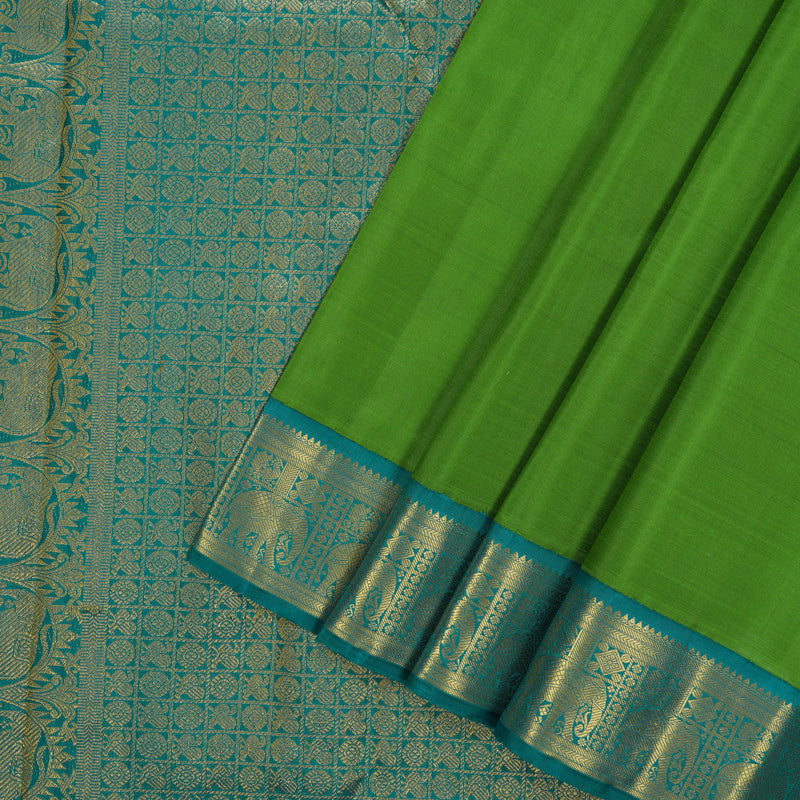 Hayagrivas Handloom Parrot Green Kanjivaram Silk Saree with Teal Border KBF97D3-1