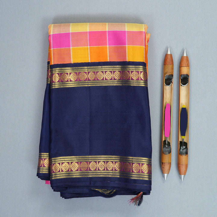 Hayagrivas Handloom Multicolour Checks Kanjivaram Silk Saree with Navy Blue Border KBF981I3-1