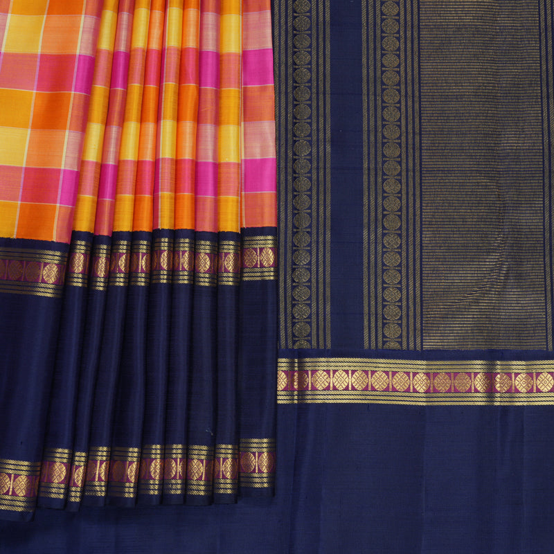 Hayagrivas Handloom Multicolour Checks Kanjivaram Silk Saree with Navy Blue Border KBF981I3-1