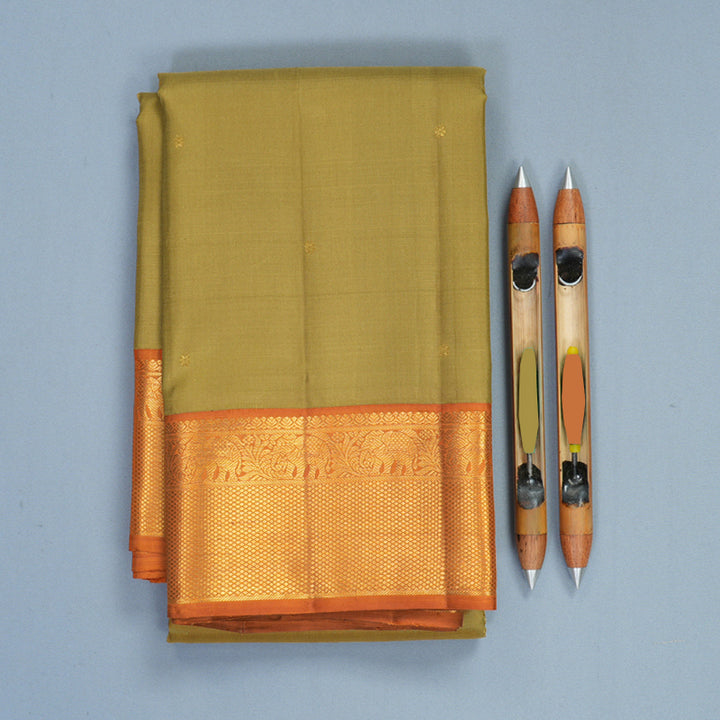 Hayagrivas Handloom Sage Green Kanjivaram Silk Saree with Warm Orange Border KBF982I1-1