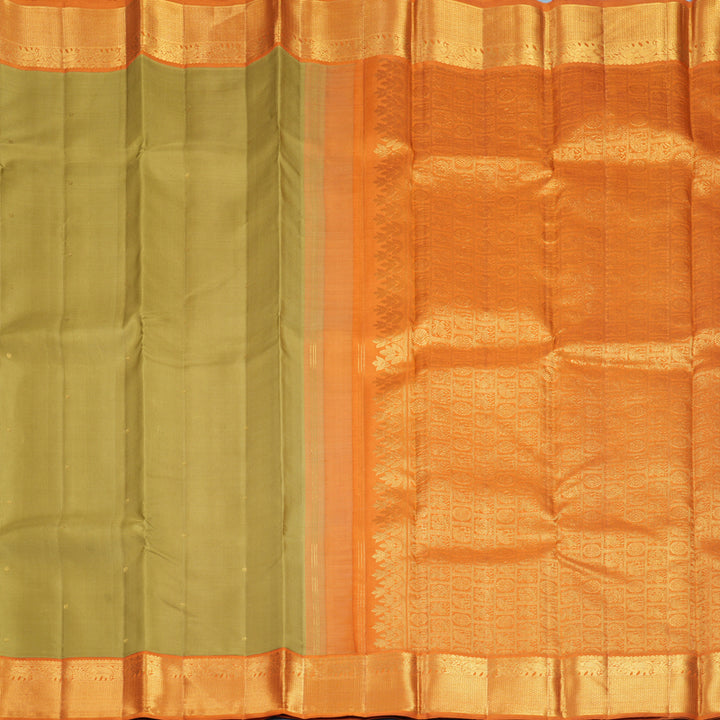 Hayagrivas Handloom Sage Green Kanjivaram Silk Saree with Warm Orange Border KBF982I1-1
