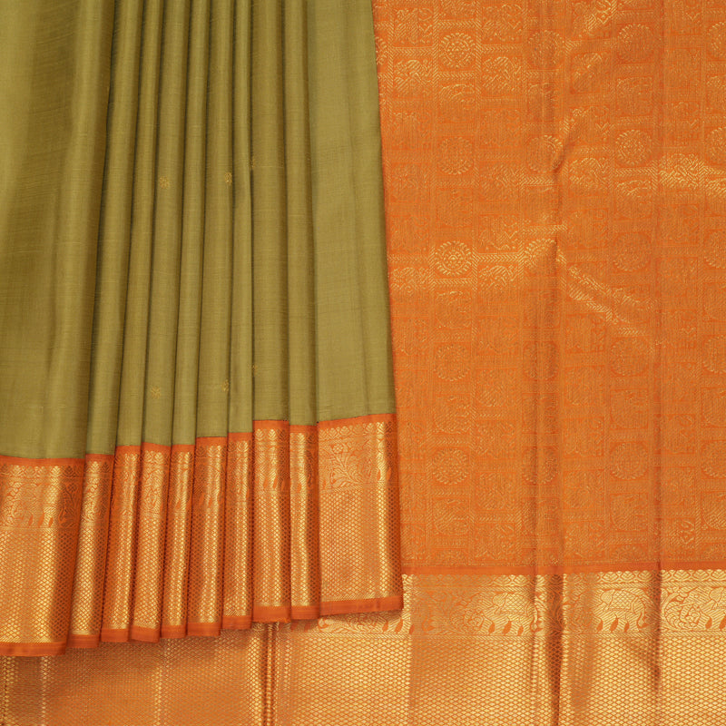 Hayagrivas Handloom Sage Green Kanjivaram Silk Saree with Warm Orange Border KBF982I1-1
