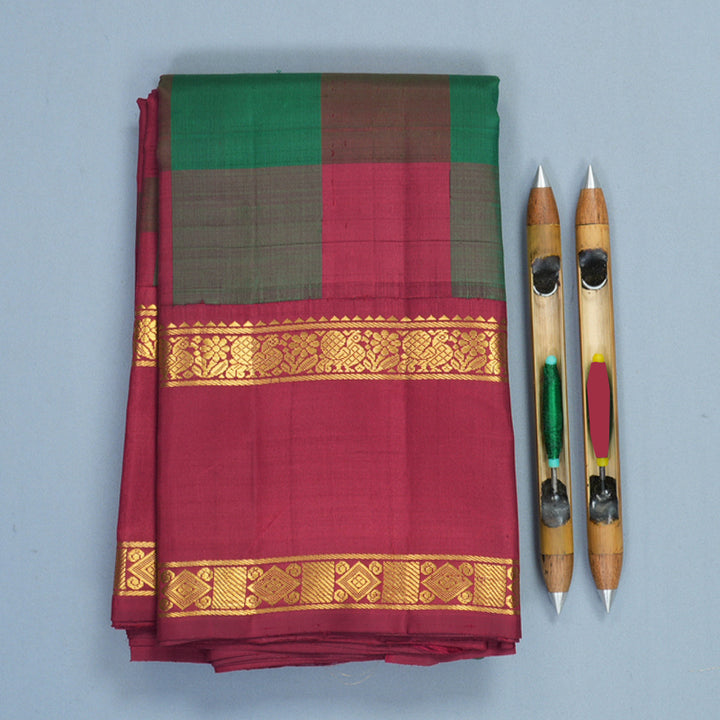 Hayagrivas Handloom Maroon &amp; Green Checks Kanjivaram Silk Saree with Maroon Border KBF985I6-1