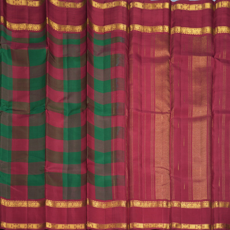 Hayagrivas Handloom Maroon &amp; Green Checks Kanjivaram Silk Saree with Maroon Border KBF985I6-1