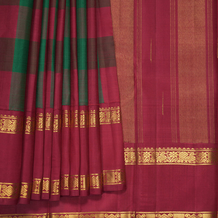 Hayagrivas Handloom Maroon &amp; Green Checks Kanjivaram Silk Saree with Maroon Border KBF985I6-1