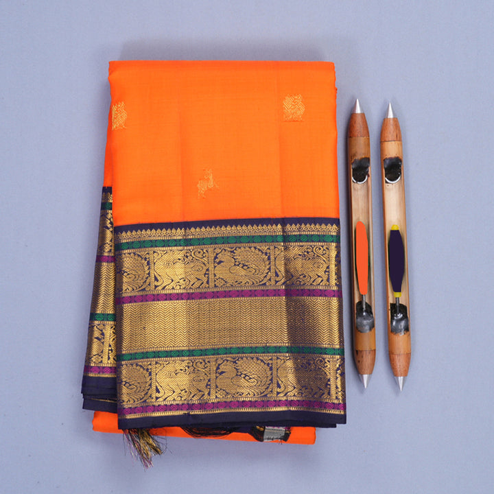 Hayagrivas Handloom Orange Kanjivaram Silk Saree with Midnight Blue Border KBF988I1-3