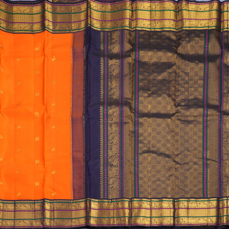 Hayagrivas Handloom Orange Kanjivaram Silk Saree with Midnight Blue Border KBF988I1-3