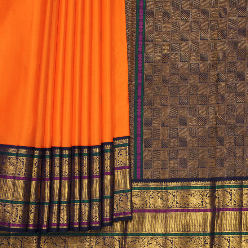 Hayagrivas Handloom Orange Kanjivaram Silk Saree with Midnight Blue Border KBF988I1-3