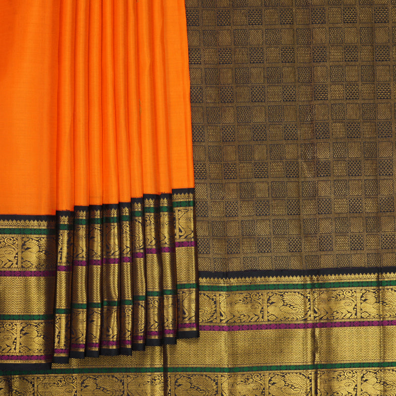 Hayagrivas Handloom Orange Kanjivaram Silk Saree with Deep Jamun Border KBF988I1-4