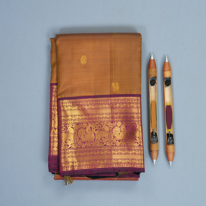 Hayagrivas Handloom Honey Mustard Kanjivaram Silk Saree with Purple Border KBF988I1-7