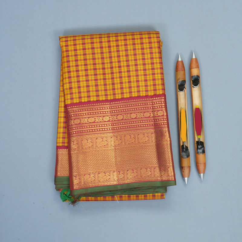 Hayagrivas Handloom Mustard &amp; Maroon Checks Kanjivaram Silk Saree with Maroon Border KBF989I14-1