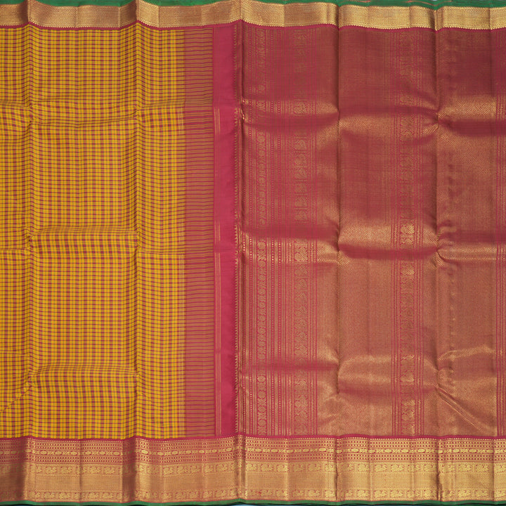 Hayagrivas Handloom Mustard &amp; Maroon Checks Kanjivaram Silk Saree with Maroon Border KBF989I14-1
