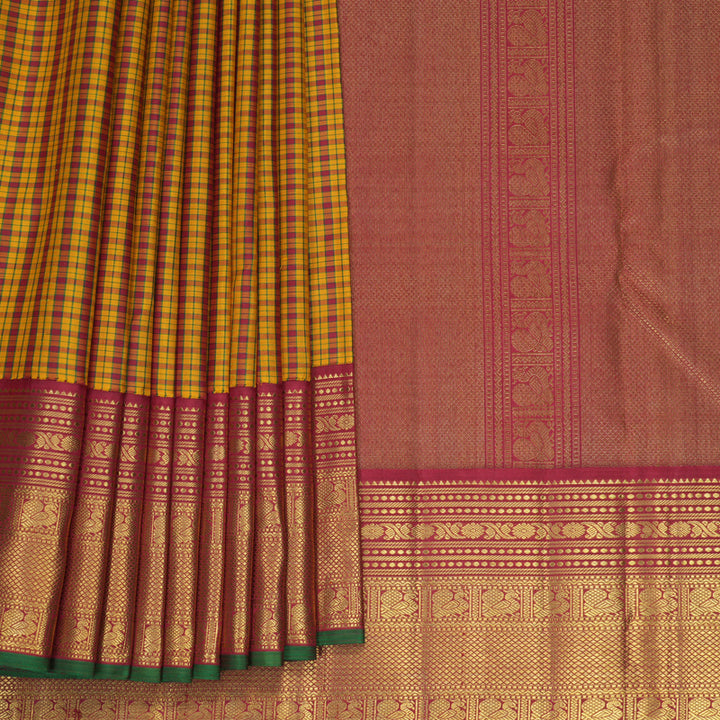 Hayagrivas Handloom Mustard &amp; Maroon Checks Kanjivaram Silk Saree with Maroon Border KBF989I14-1