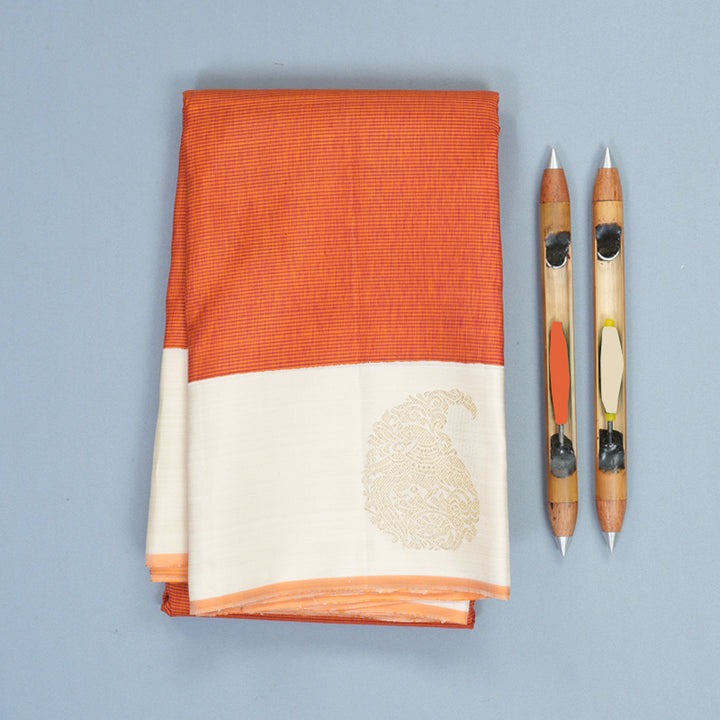 Hayagrivas Handloom Orange &amp; Pink Stripes Kanjivaram Silk Saree with Half-White Border KBF989I5-1