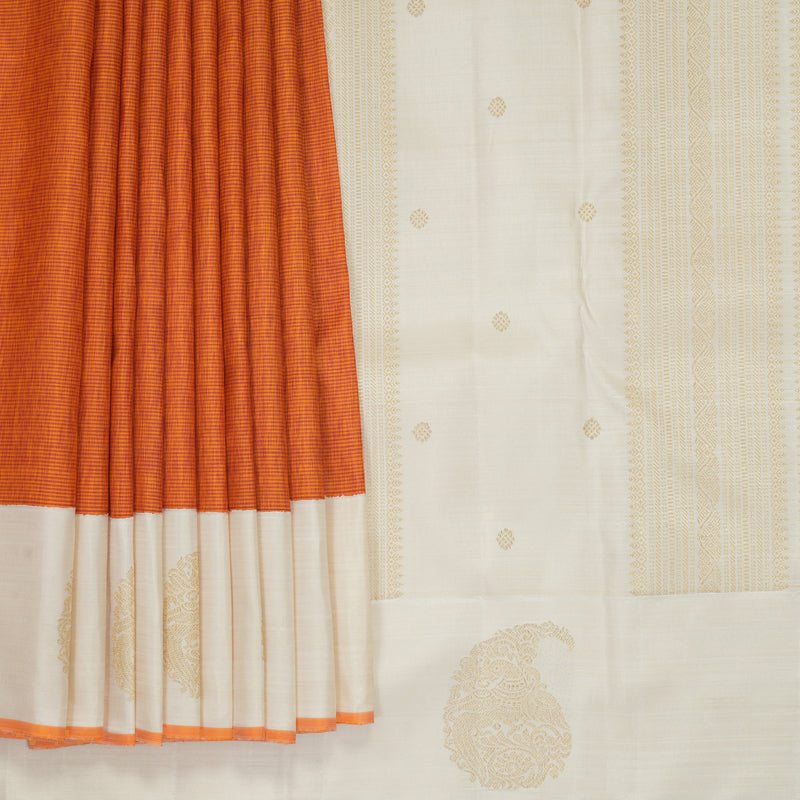 Hayagrivas Handloom Orange &amp; Pink Stripes Kanjivaram Silk Saree with Half-White Border KBF989I5-1