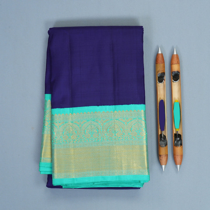 Hayagrivas Handloom Dark Blue Kanjivaram Silk Saree with Sea Blue Border KBF991I13-1