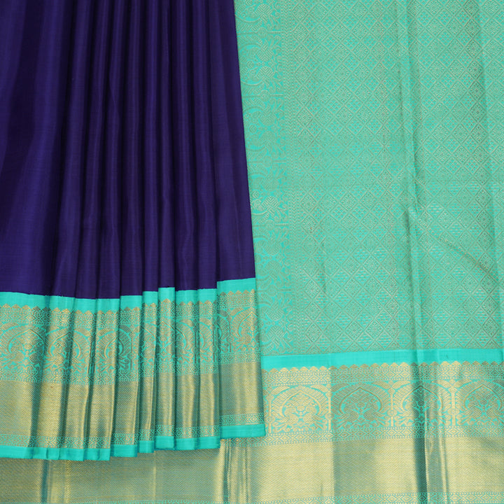 Hayagrivas Handloom Dark Blue Kanjivaram Silk Saree with Sea Blue Border KBF991I13-1