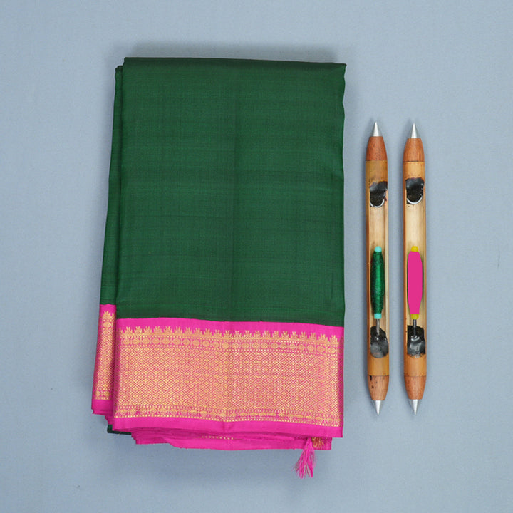 Hayagrivas Handloom Bottle Green Kanjivaram Silk Saree with Rani Pink Border KBF991I8-1