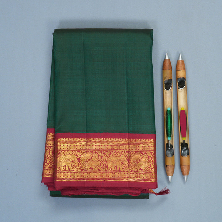 Hayagrivas Handloom Peacock Green Kanjivaram Silk Saree with Maroon Border KBF991I9-1