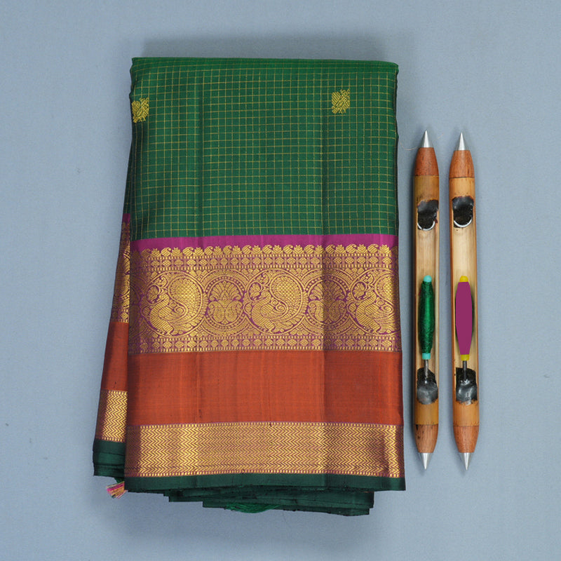 Hayagrivas Handloom Bottle Green Kanjivaram Silk Saree with Rust Orange Border KBF992I1-1