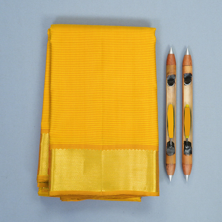 Hayagrivas Handloom Yellow Stripes Kanjivaram Silk Saree with Mustard Yellow Border KBF992I2-1