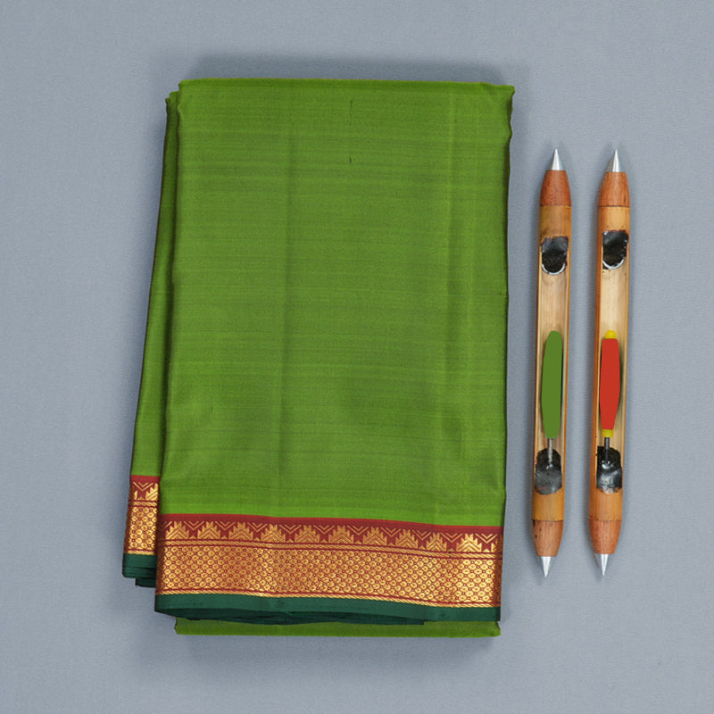 Hayagrivas Handloom Leaf Green Kanjivaram Silk Saree with Rust Orange Border KBF992I3-1