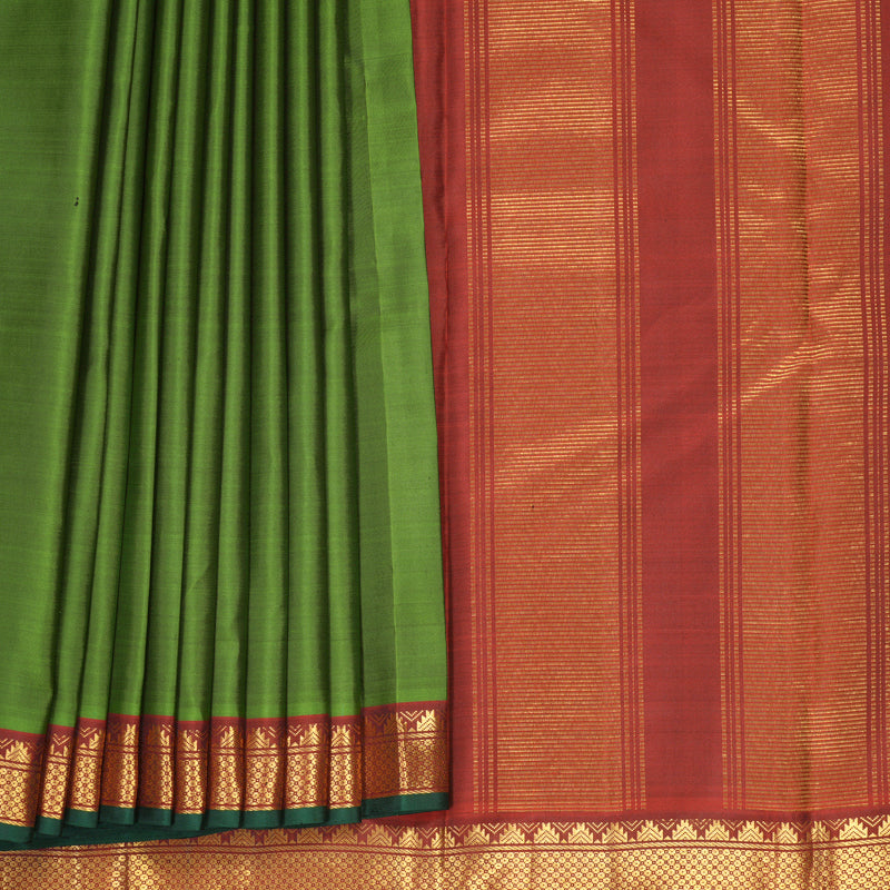 Hayagrivas Handloom Leaf Green Kanjivaram Silk Saree with Rust Orange Border KBF992I3-1