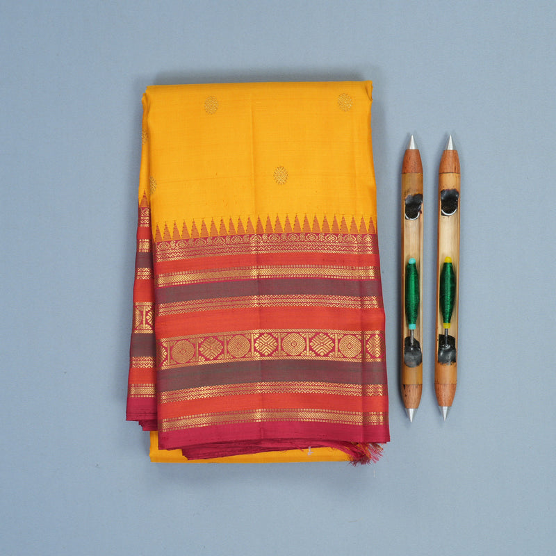 Hayagrivas Handloom Mustard Yellow Kanjivaram Silk Saree with Maroon Border KBF994I3-1