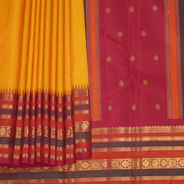 Hayagrivas Handloom Mustard Yellow Kanjivaram Silk Saree with Maroon Border KBF994I3-1