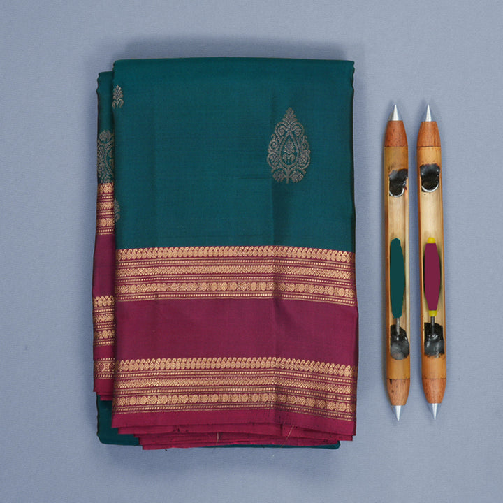 Hayagrivas Handloom Deep Teal Kanjivaram Silk Saree with Magenta Border KBF995I1-26
