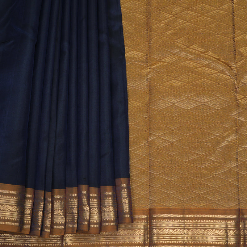 Hayagrivas Handloom Karum Neelam Kanjivaram Silk Saree with Honey Shade Border KBF997I2-2