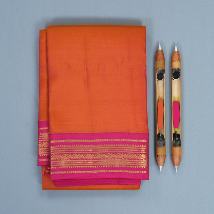 Hayagrivas Handloom Sunset Orange Kanjivaram Silk Saree with Rani Pink Border KBF997I2-6