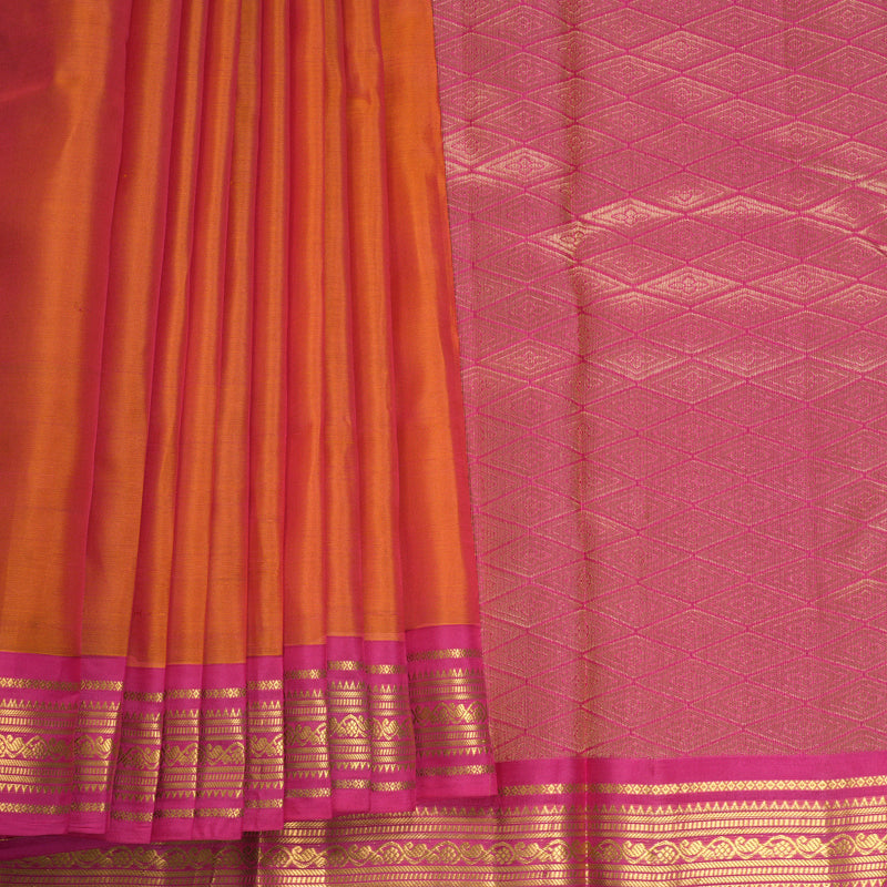 Hayagrivas Handloom Sunset Orange Kanjivaram Silk Saree with Rani Pink Border KBF997I2-6