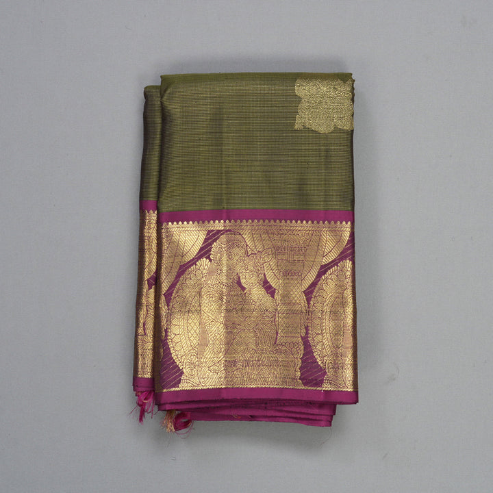 Hayagrivas Handloom Olive Green Kanjivaram Silk Saree with Purple Border KBFL162F1-1