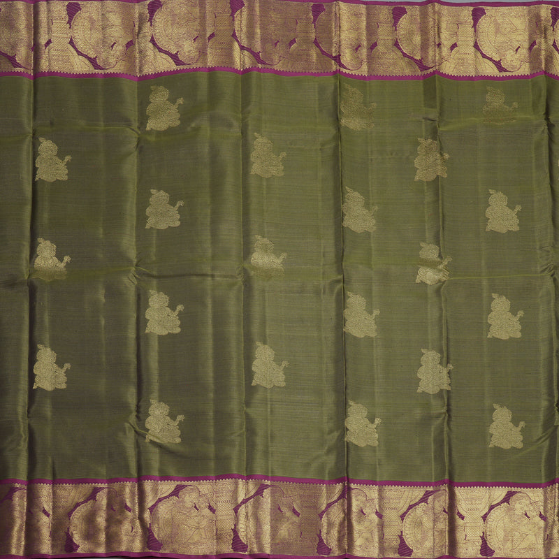 Hayagrivas Handloom Olive Green Kanjivaram Silk Saree with Purple Border KBFL162F1-1